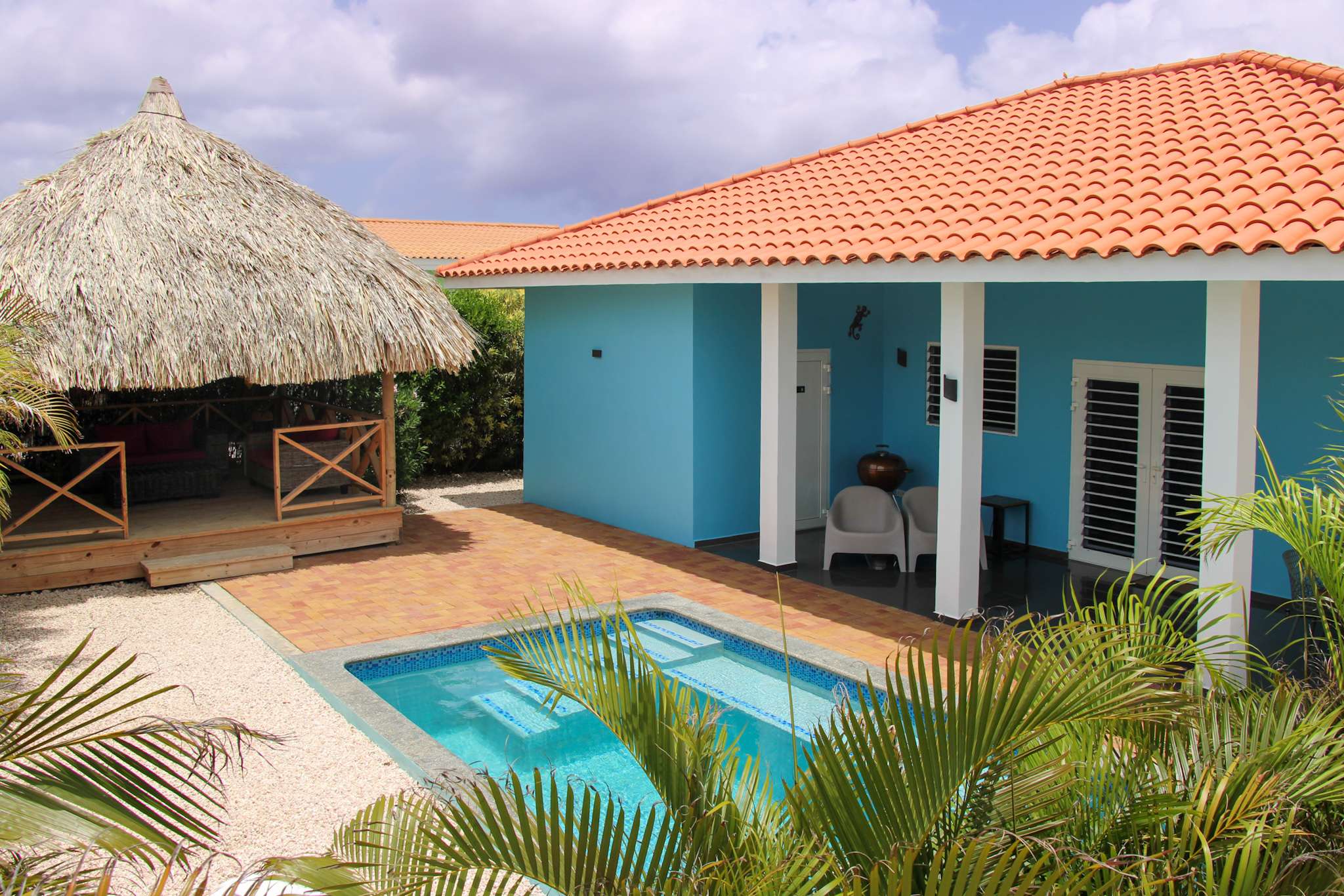 Pool with the palapa on the left and the covered porch on the right