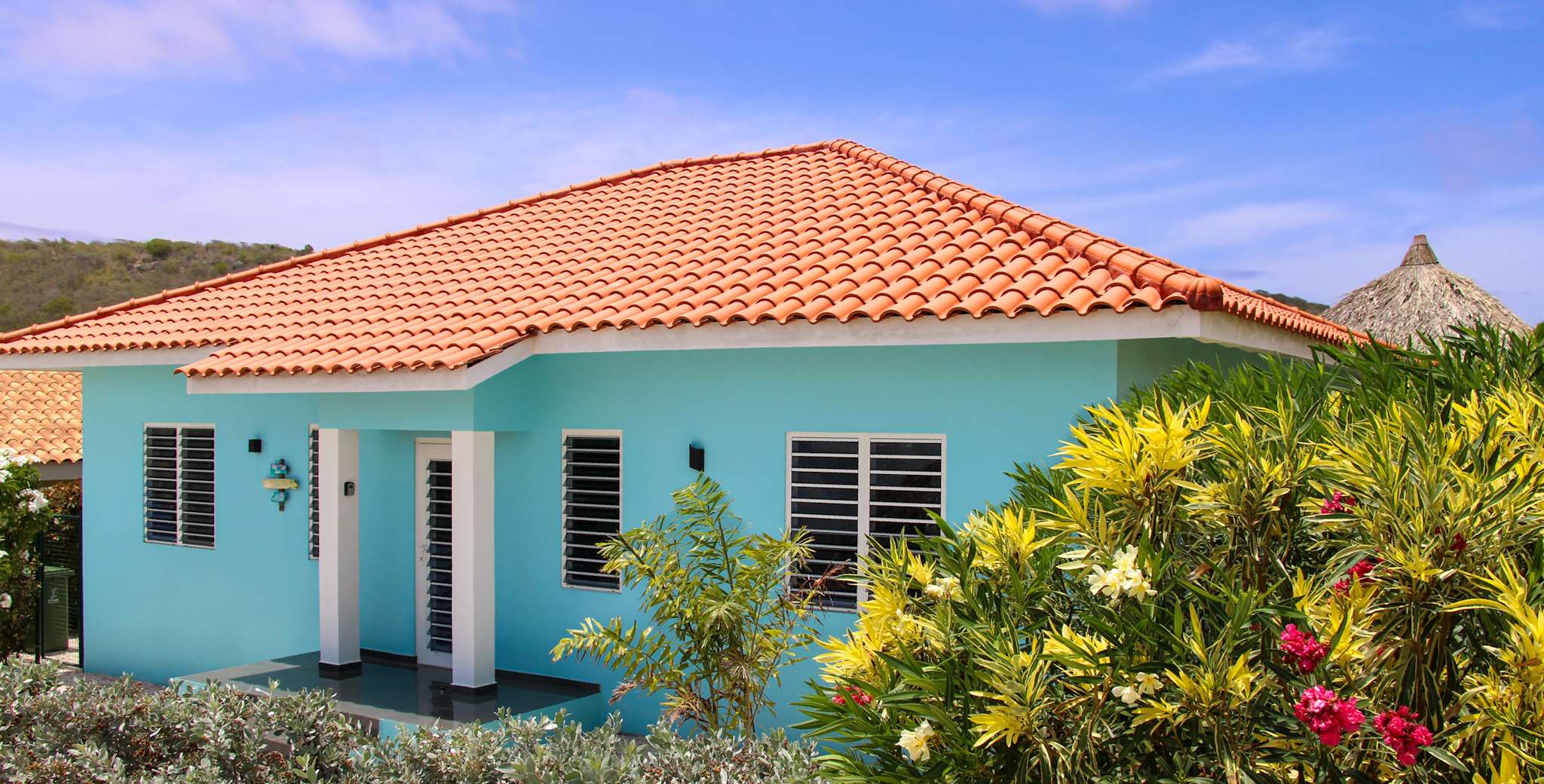 Front view of the villa with the covered entrance and flowering oleanders